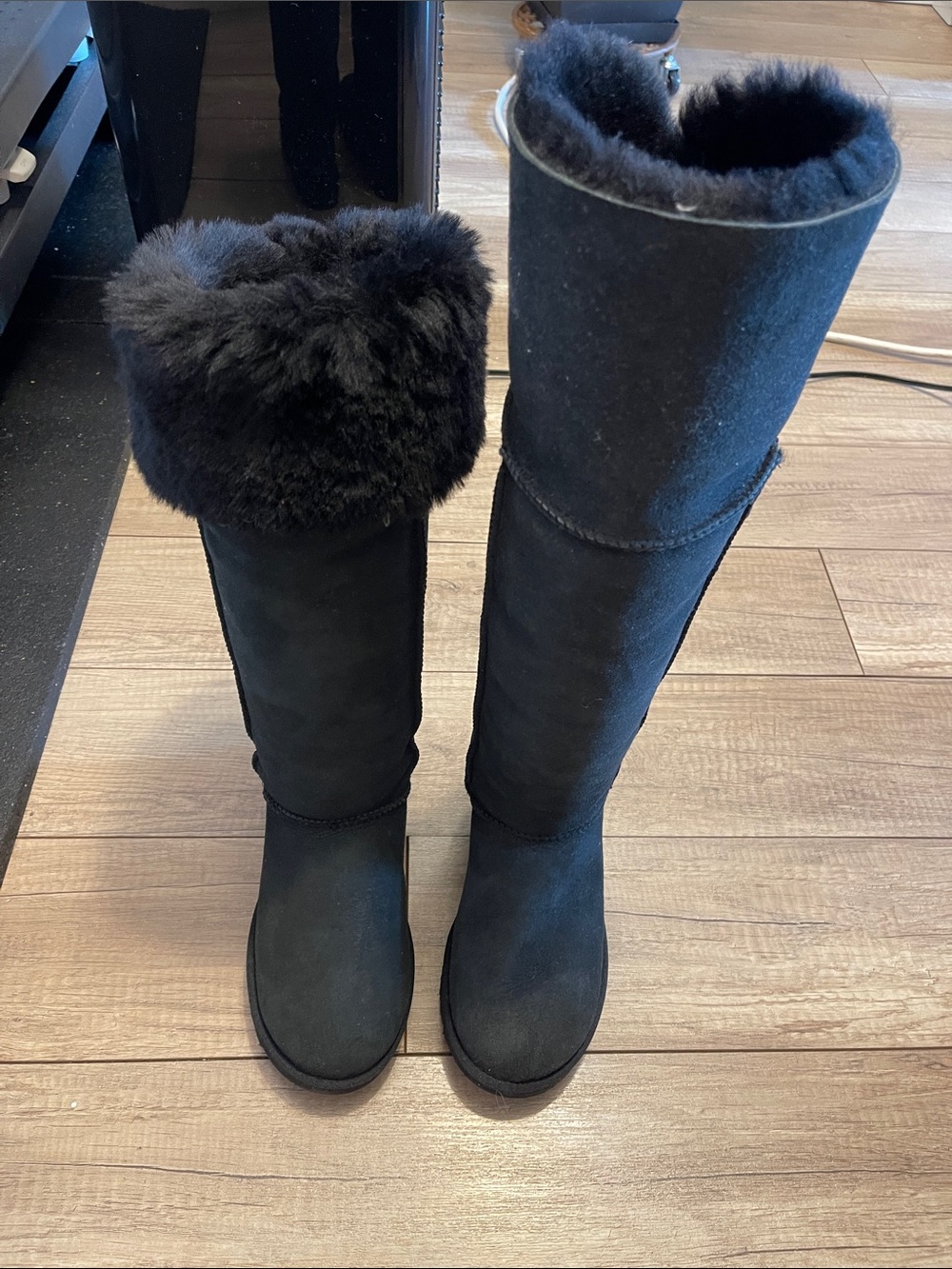 Women's UGG Tall Black Suede Winter Boots with Shearling Trim